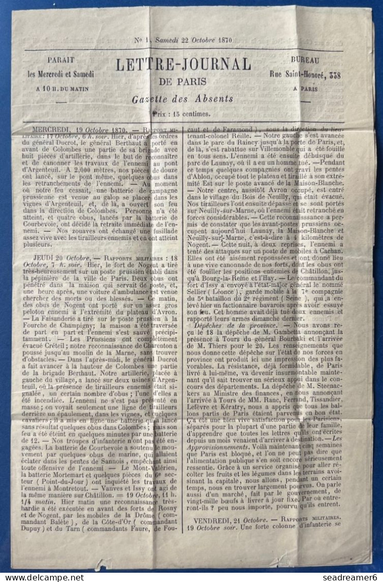 Ballon Monté FERDINAND FLOCON Gazette Des Absents N°1 N°37 20c Bleu Obl étoile 1 + Dateur Du 2 NOV 1870 Pour DOULLENS - Guerre De 1870