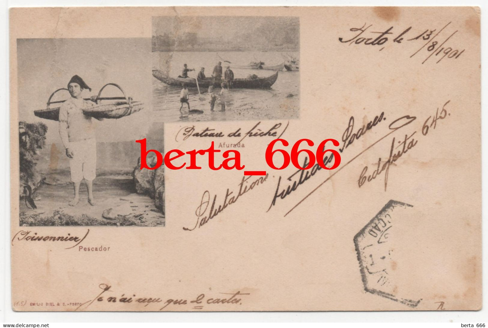 Afurada * Barco De Pesca E Pescador * Emilio Biel * Nº 15 Circulado 1901 * Portugal Fisher And Fishing Boat - Porto
