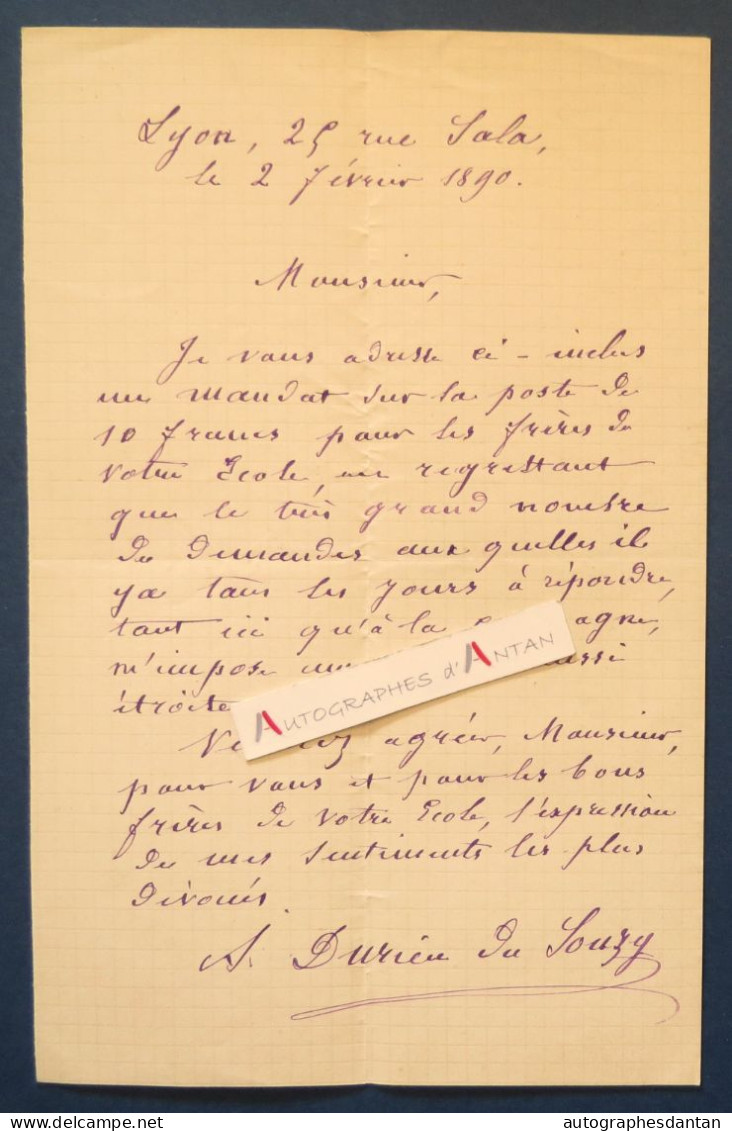 ● L.A.S 1890 A. DURIEU DU SOUZY écrite De Lyon 25 Rue Sala - Lettre Autographe - Ohne Zuordnung