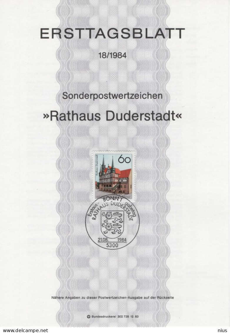 Germany Deutschland 1984-18 Rathaus Duderstadt, Canceled In Bonn - 1981-1990
