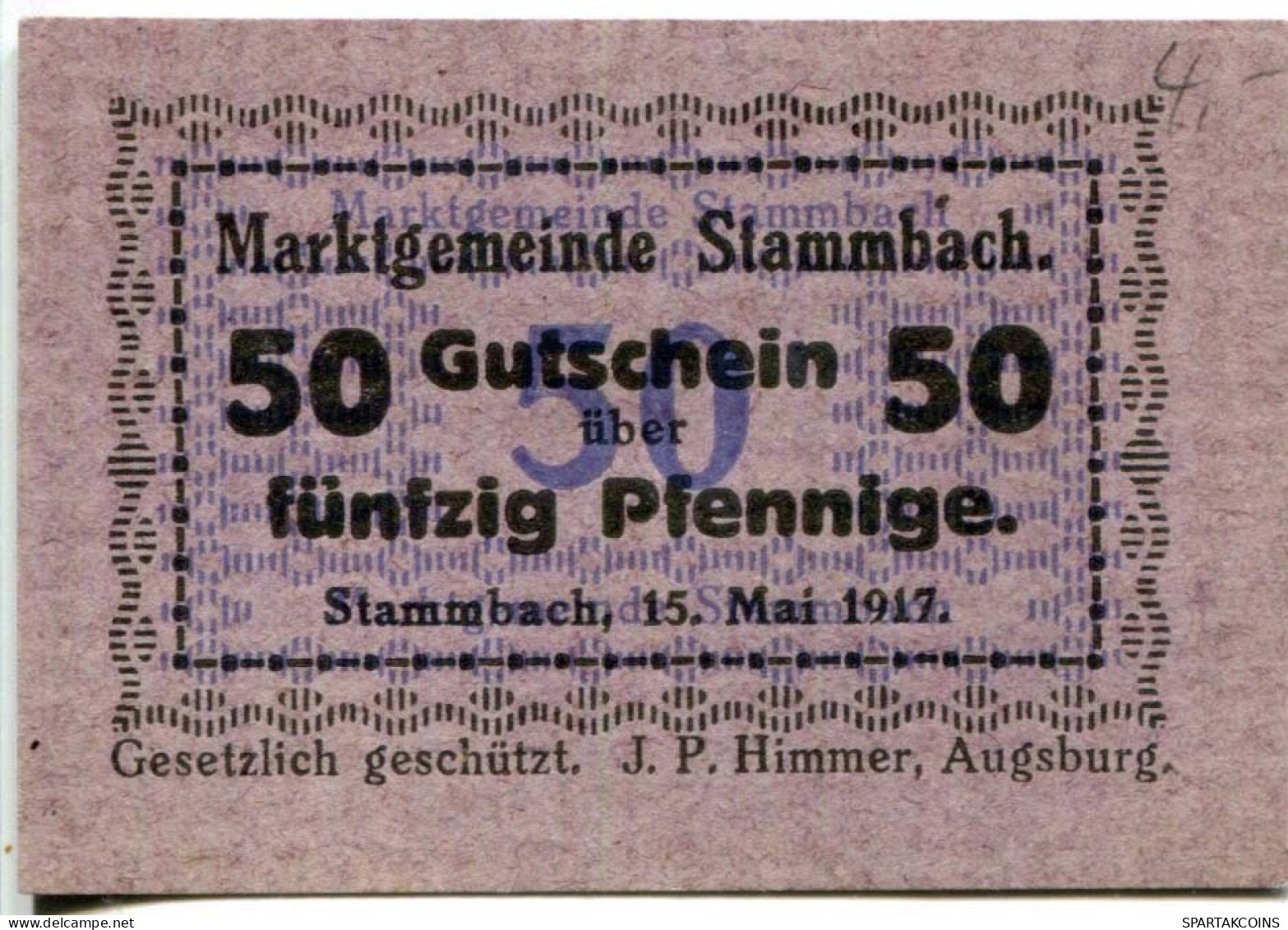 50 PFENNIG 1917 Stadt STAMMBACH Bavaria DEUTSCHLAND Notgeld Papiergeld Banknote #PL624 - [11] Emissions Locales