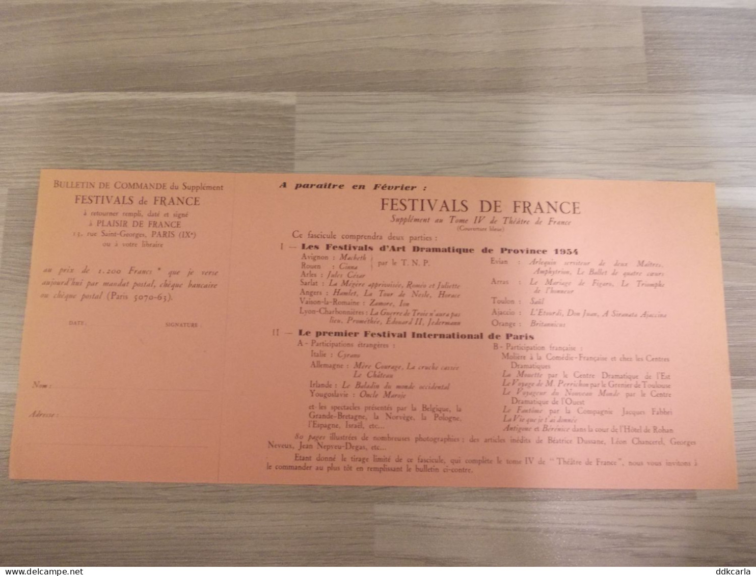 Reclame Advertentie Uit Oud Tijdschrift 1955 - Bulletin De Commande Théâtre De France Saison Théâtrale 1954 - Werbung