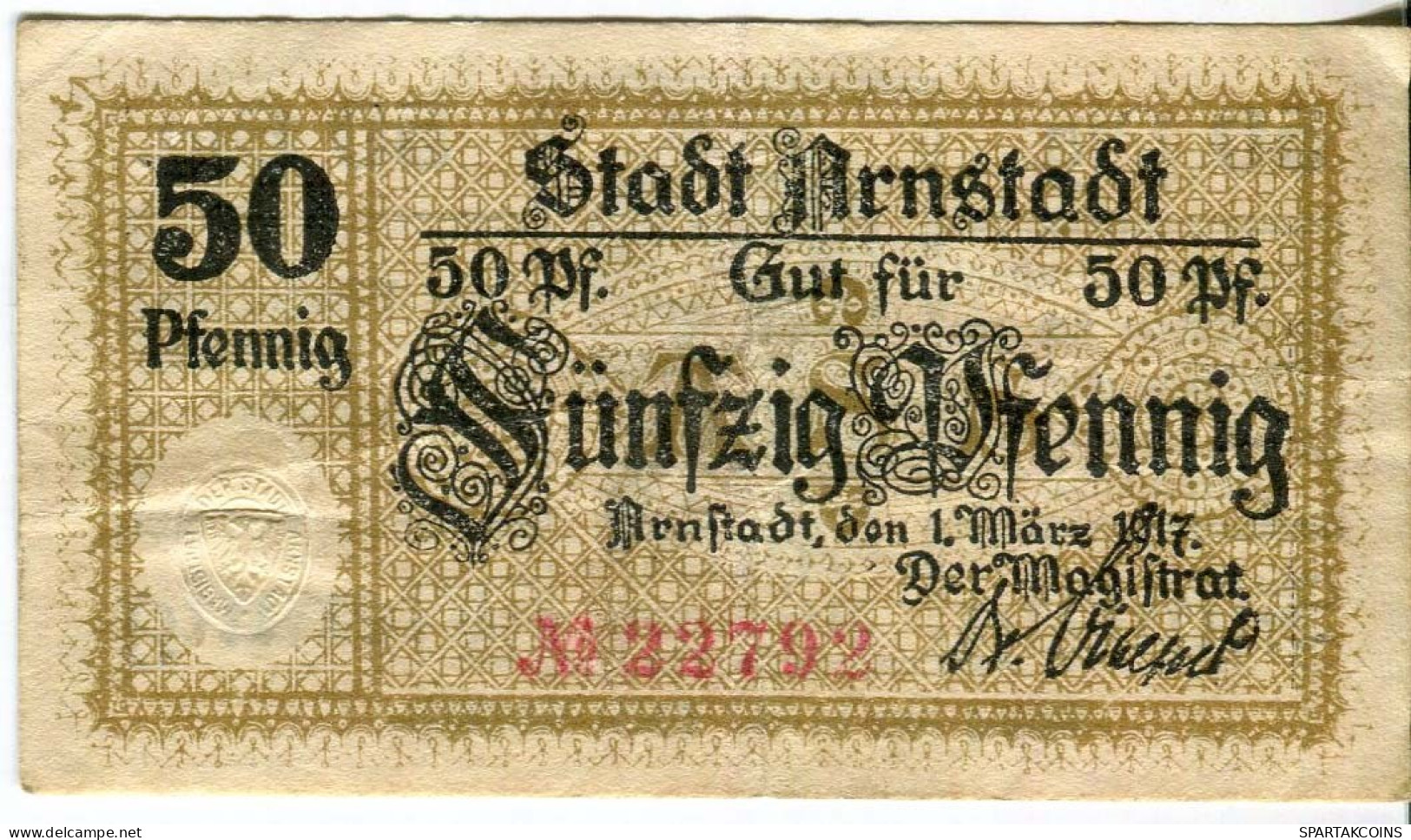 50 PFENNIG 1917 Stadt ARNSTADT Thuringia DEUTSCHLAND Notgeld Papiergeld Banknote #PL827 - [11] Emissions Locales