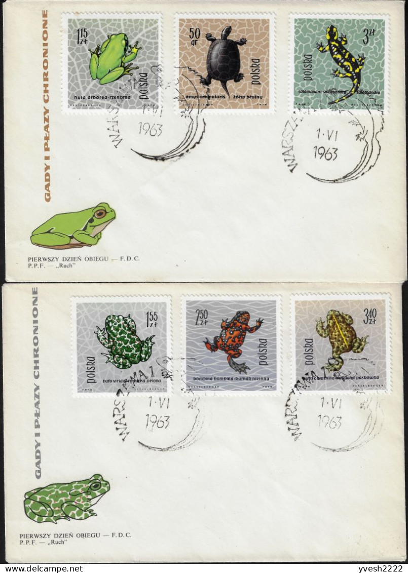 Pologne 1963 Y&T 1261, 1264, 1267 à 1270 Sur 2 FDC. Protection Des Reptiles Et Amphibiens. Grenouilles Tortue Salamandre - Kikkers