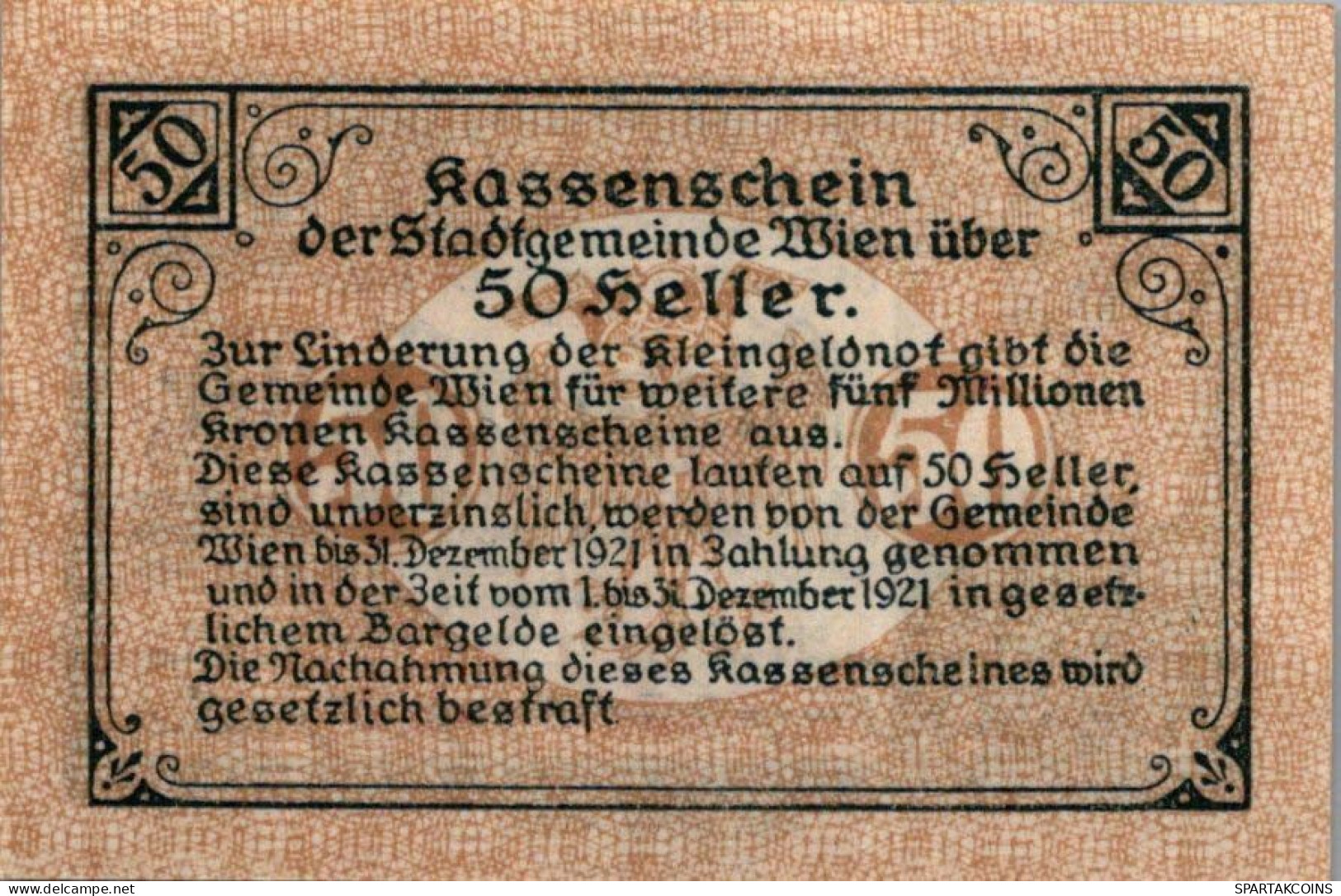 50 HELLER 1920 Stadt Wien Österreich Notgeld Banknote #PF322 - [11] Lokale Uitgaven