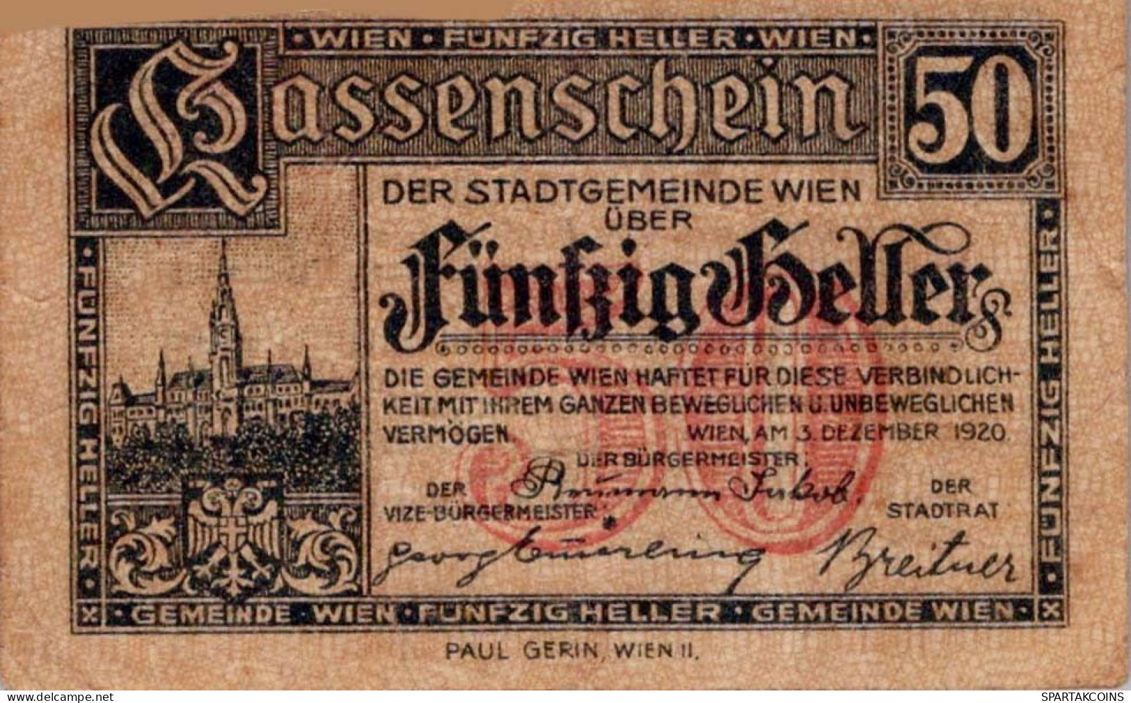 50 HELLER 1920 Stadt Wien Österreich Notgeld Banknote #PD905 - [11] Lokale Uitgaven