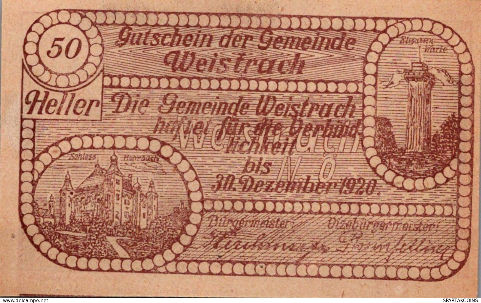 50 HELLER 1920 Stadt WEISTRACH Niedrigeren Österreich Notgeld Papiergeld Banknote #PG798 - [11] Lokale Uitgaven