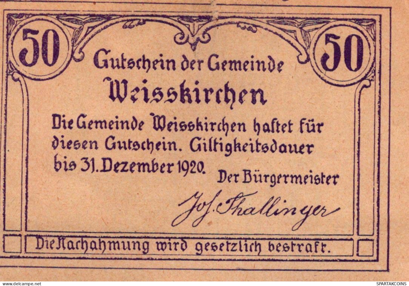 50 HELLER 1920 Stadt WEISSKIRCHEN AN DER TRAUN Oberösterreich Österreich #PE032 - [11] Lokale Uitgaven