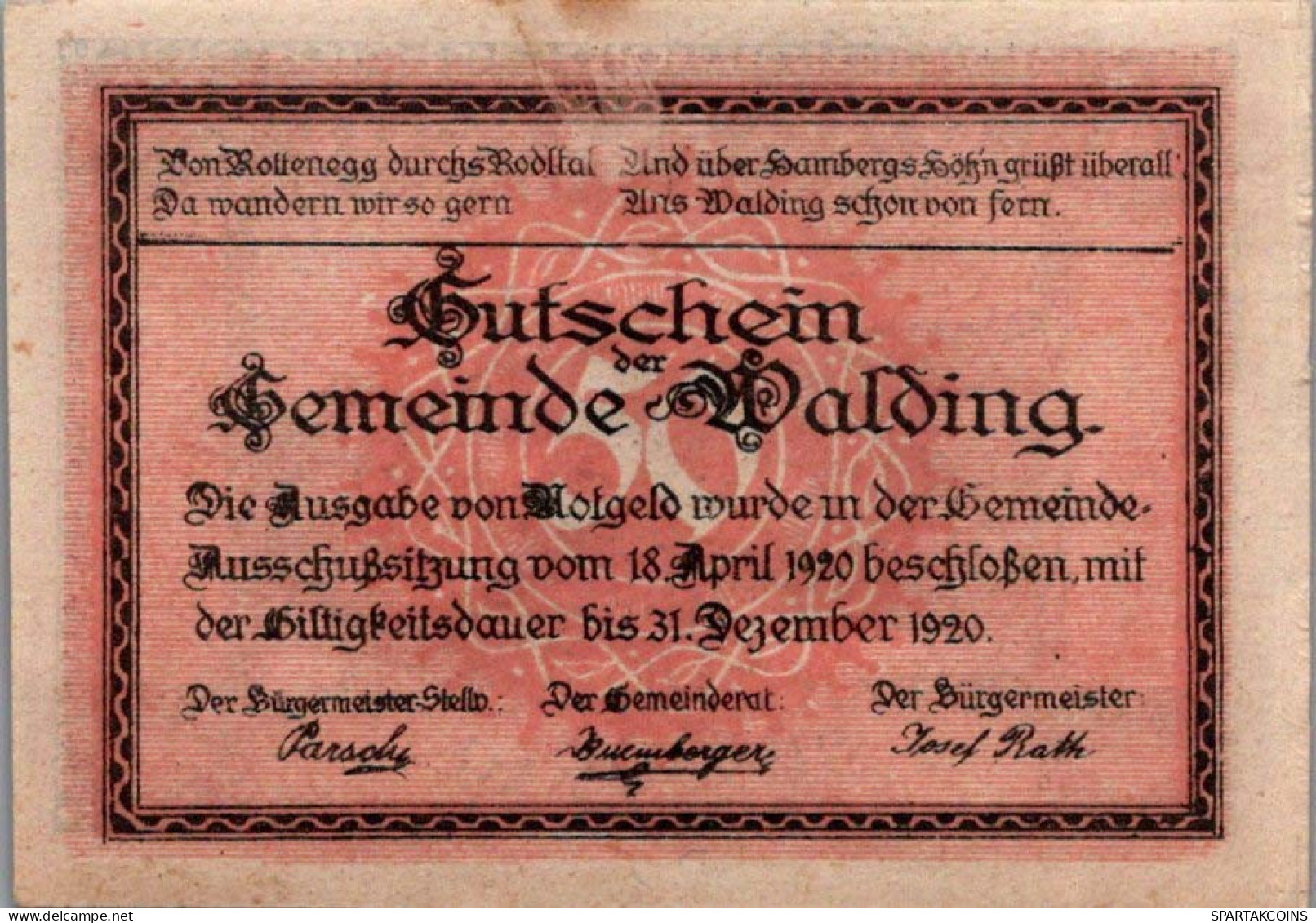 50 HELLER 1920 Stadt WALDING Oberösterreich Österreich Notgeld Banknote #PI409 - [11] Lokale Uitgaven