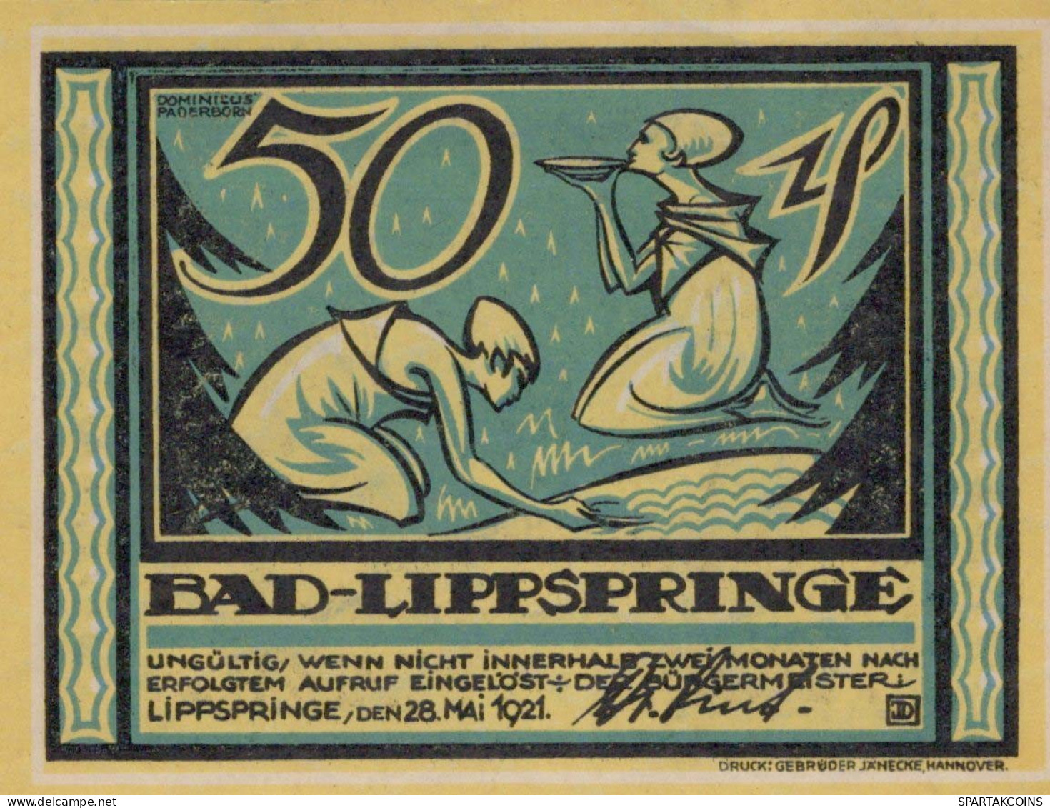 50 PFENNIG 1921 Stadt BAD LIPPSPRINGE Westphalia UNC DEUTSCHLAND Notgeld #PH238 - [11] Lokale Uitgaven