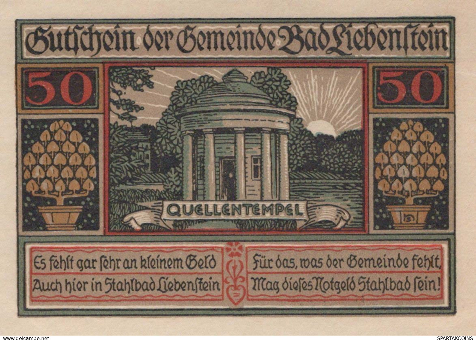 50 PFENNIG 1921 Stadt BAD LIEBENSTEIN Thuringia UNC DEUTSCHLAND Notgeld #PC217 - [11] Lokale Uitgaven