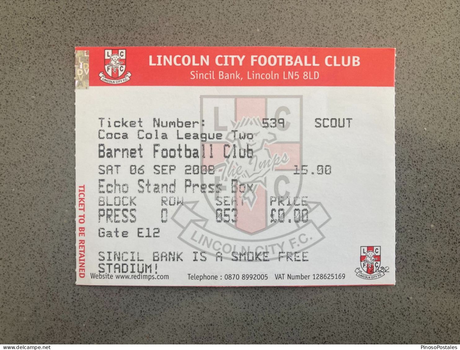 Lincoln City V Barnet 2008-09 Match Ticket - Biglietti D'ingresso