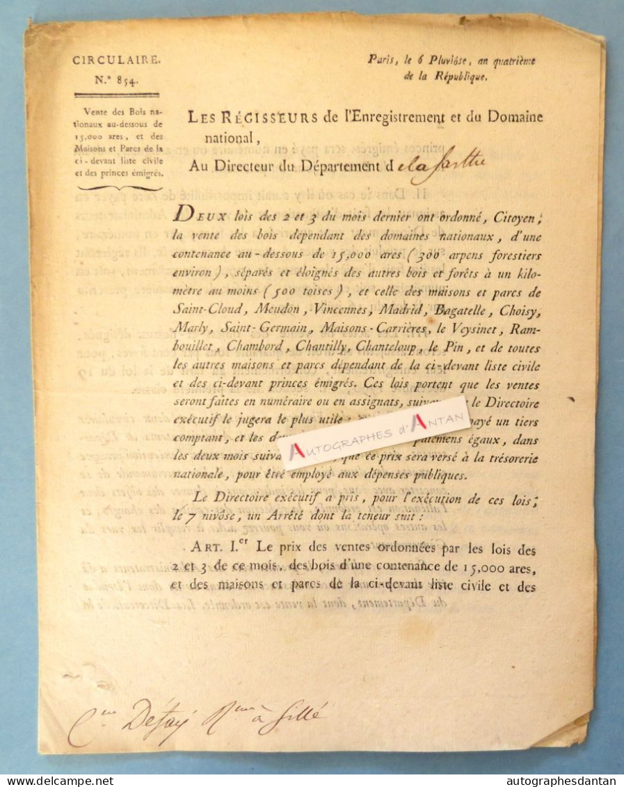 ● Circulaire An 4 De La République Vente De Bois Nationaux / Maisons Parcs Saint Cloud Meudon Vincennes Madrid Bagatelle - Gesetze & Erlasse