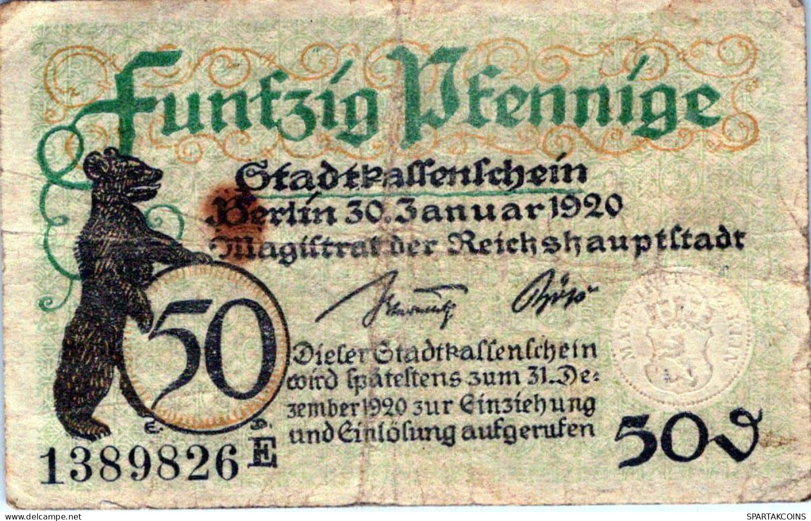 50 PFENNIG 1920 Stadt BERLIN DEUTSCHLAND Notgeld Banknote #PG479 - [11] Local Banknote Issues