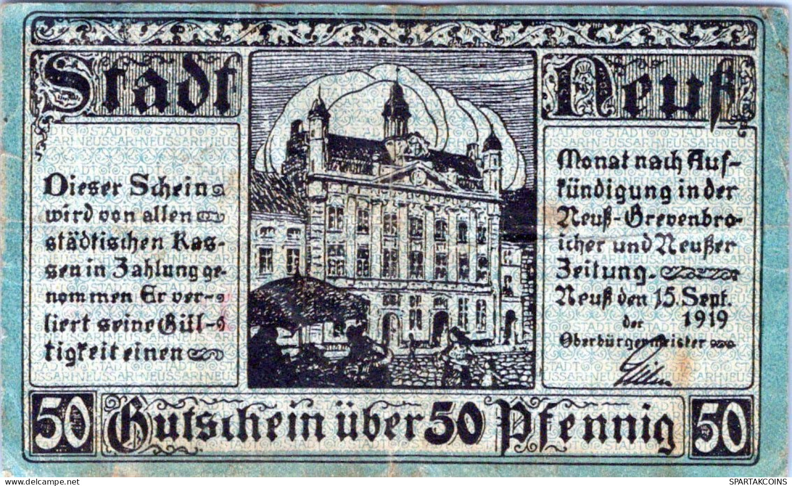50 PFENNIG 1919 Stadt NEUSS Rhine DEUTSCHLAND Notgeld Banknote #PI150 - [11] Local Banknote Issues