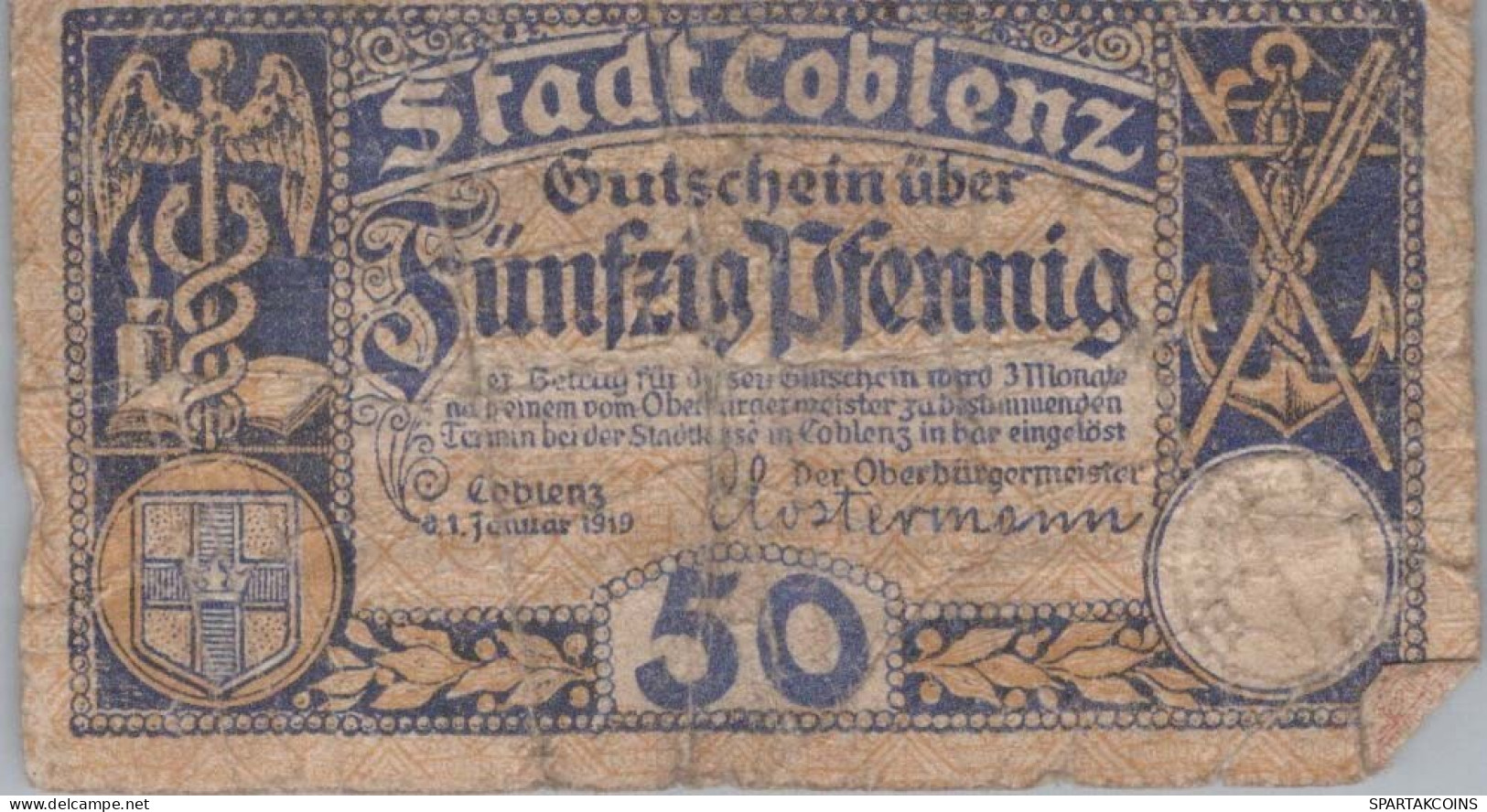 50 PFENNIG 1919 Stadt KOBLENZ Rhine DEUTSCHLAND Notgeld Banknote #PG454 - [11] Local Banknote Issues