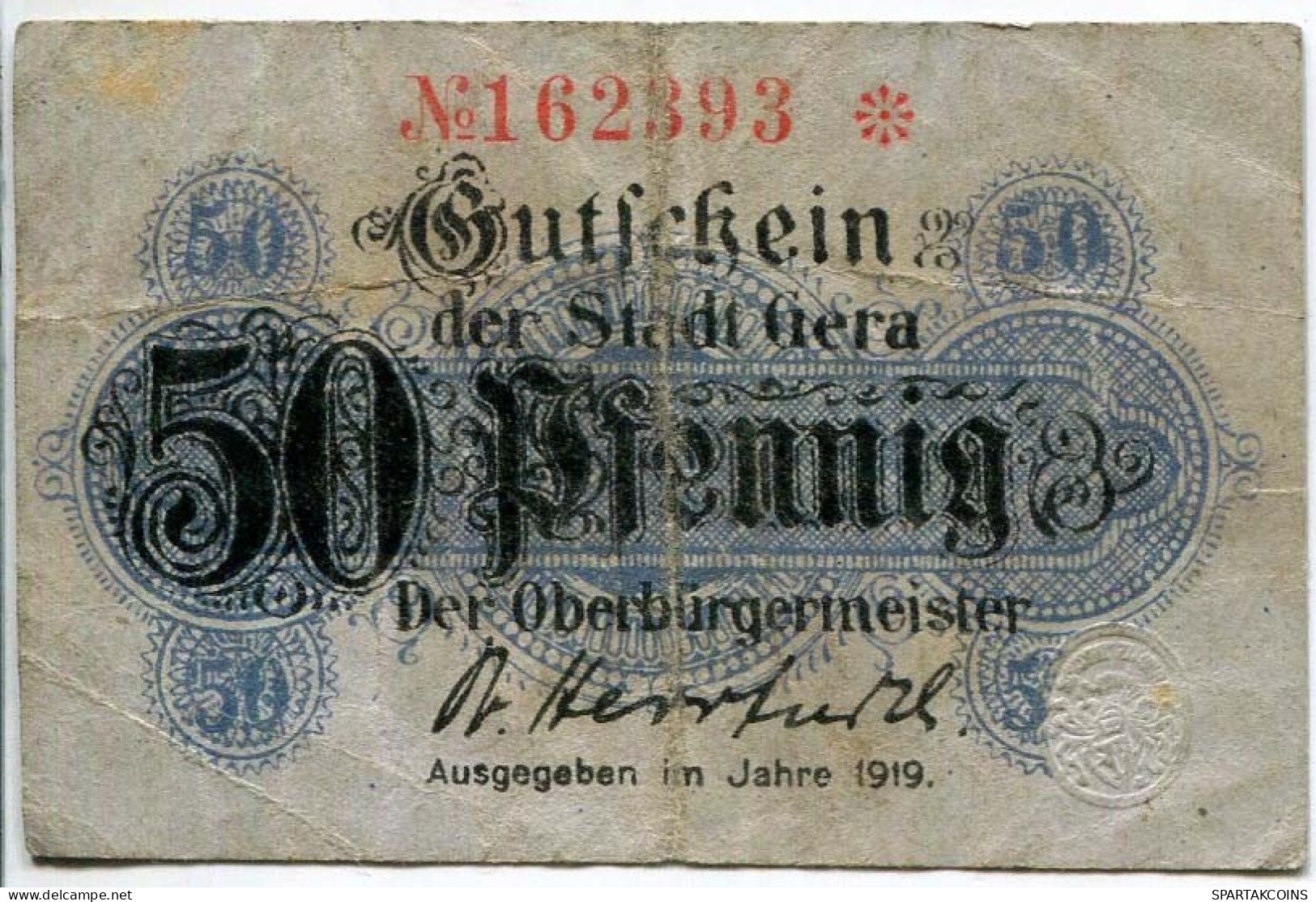 50 PFENNIG 1919 Stadt GERA Thuringia DEUTSCHLAND Notgeld Papiergeld Banknote #PL916 - [11] Local Banknote Issues