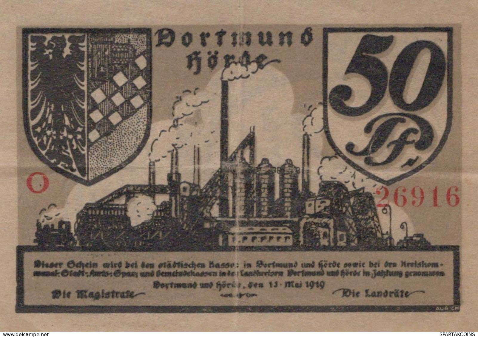 50 PFENNIG 1919 Stadt DORTMUND AND HoRDE Westphalia UNC DEUTSCHLAND #PH586 - [11] Local Banknote Issues