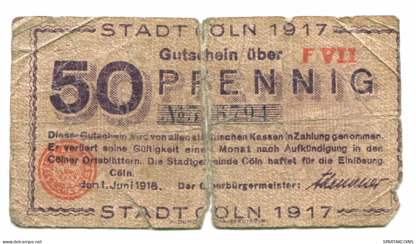 50 Pfennig 1918 COLN DEUTSCHLAND Notgeld Papiergeld Banknote #P10550 - [11] Emissions Locales