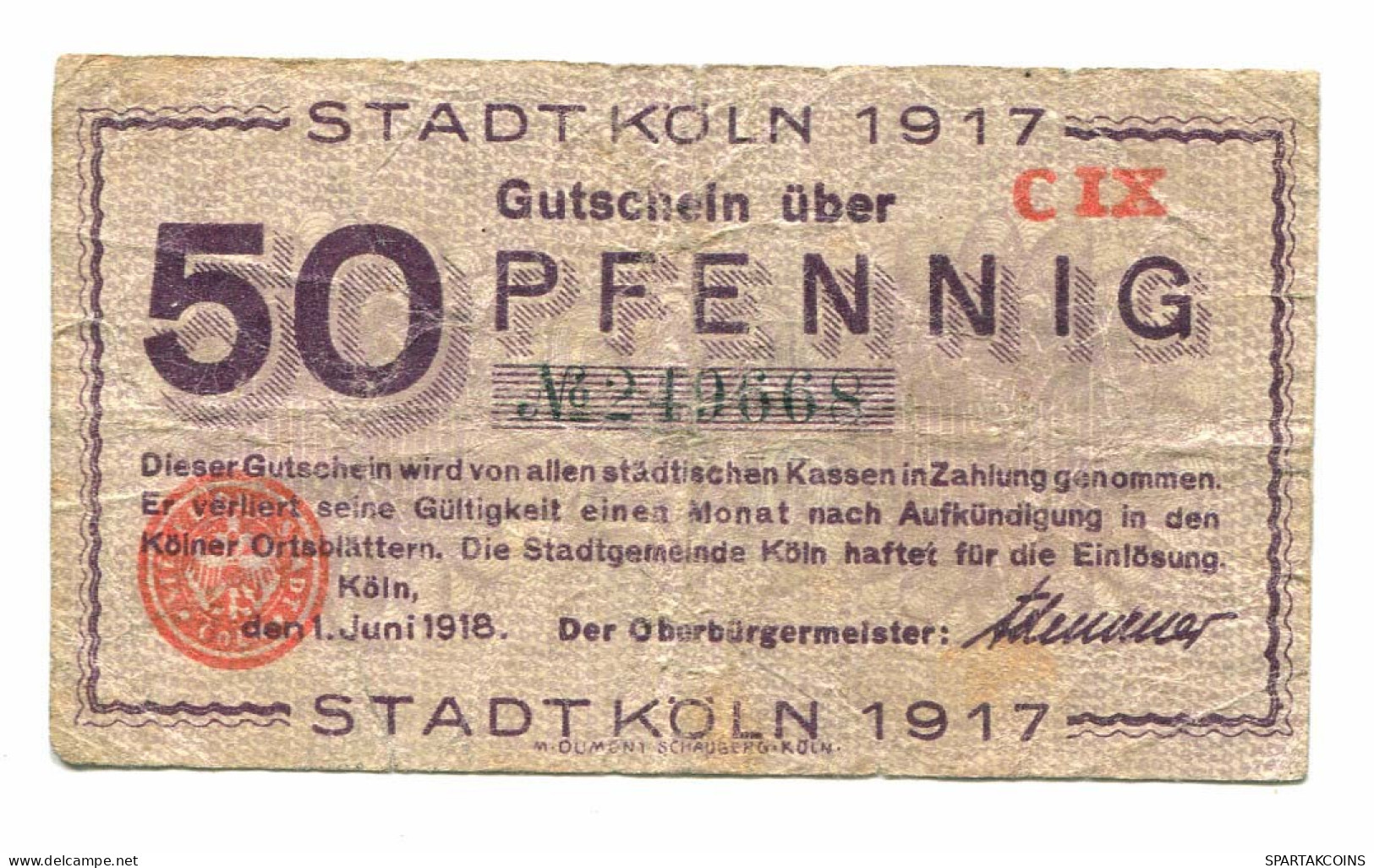 50 Pfennig 1918 KOLN DEUTSCHLAND Notgeld Papiergeld Banknote #P10549 - [11] Emissions Locales