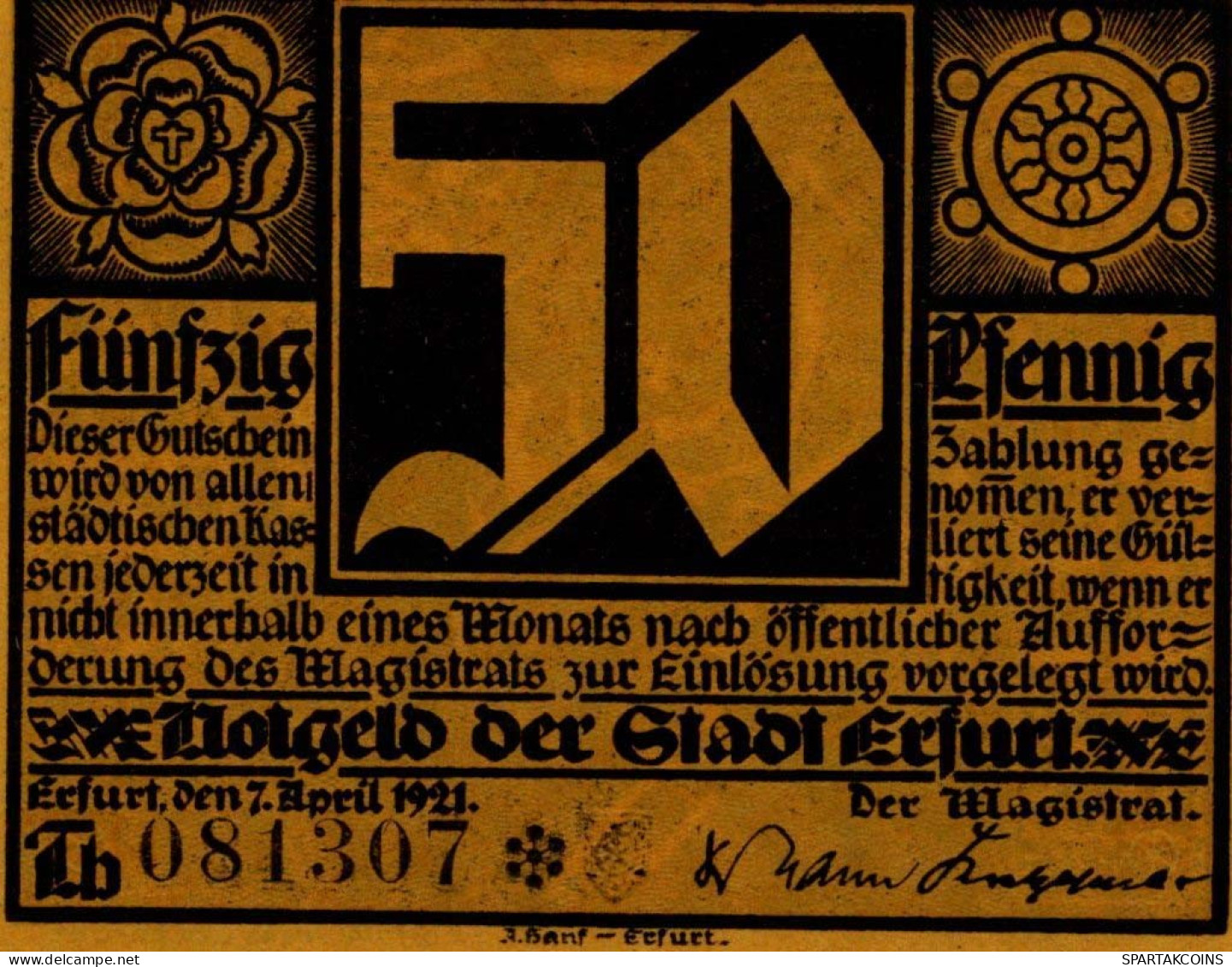 50 PFENNIG 1921 Stadt ERFURT Saxony UNC DEUTSCHLAND Notgeld Banknote #PB284 - Lokale Ausgaben