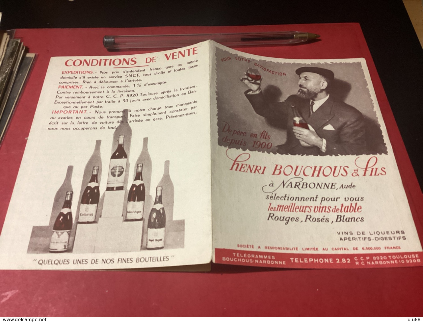 ️ NARBONNE. LOT DE 2 Publicités  Vins BOUCHOUS Henri. Viticulteur. Année 1957 - Narbonne