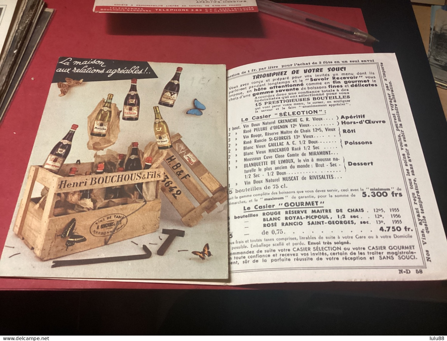 ️ NARBONNE. LOT DE 2 Publicités  Vins BOUCHOUS Henri. Viticulteur. Année 1957