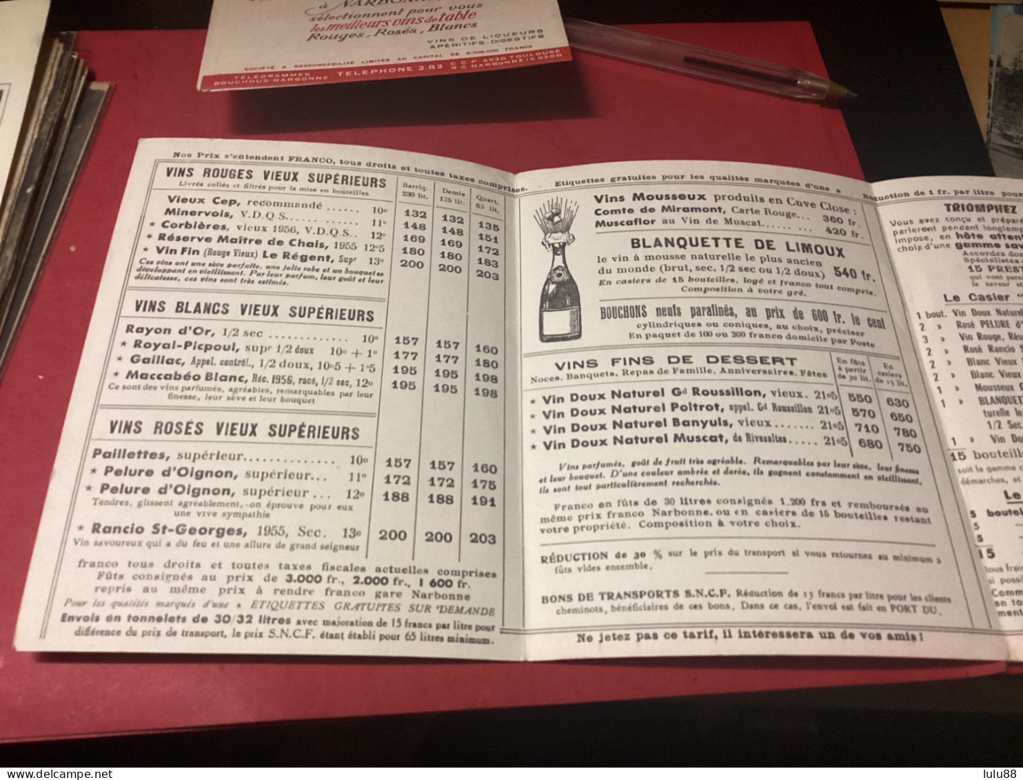 ️ NARBONNE. LOT DE 2 Publicités  Vins BOUCHOUS Henri. Viticulteur. Année 1957