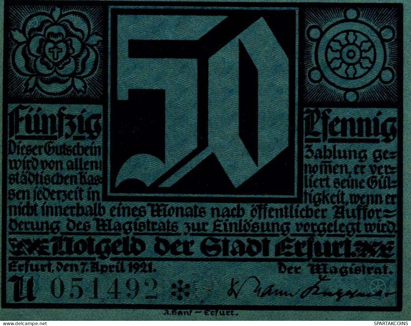 50 PFENNIG 1921 Stadt ERFURT Saxony UNC DEUTSCHLAND Notgeld Banknote #PB282 - [11] Local Banknote Issues