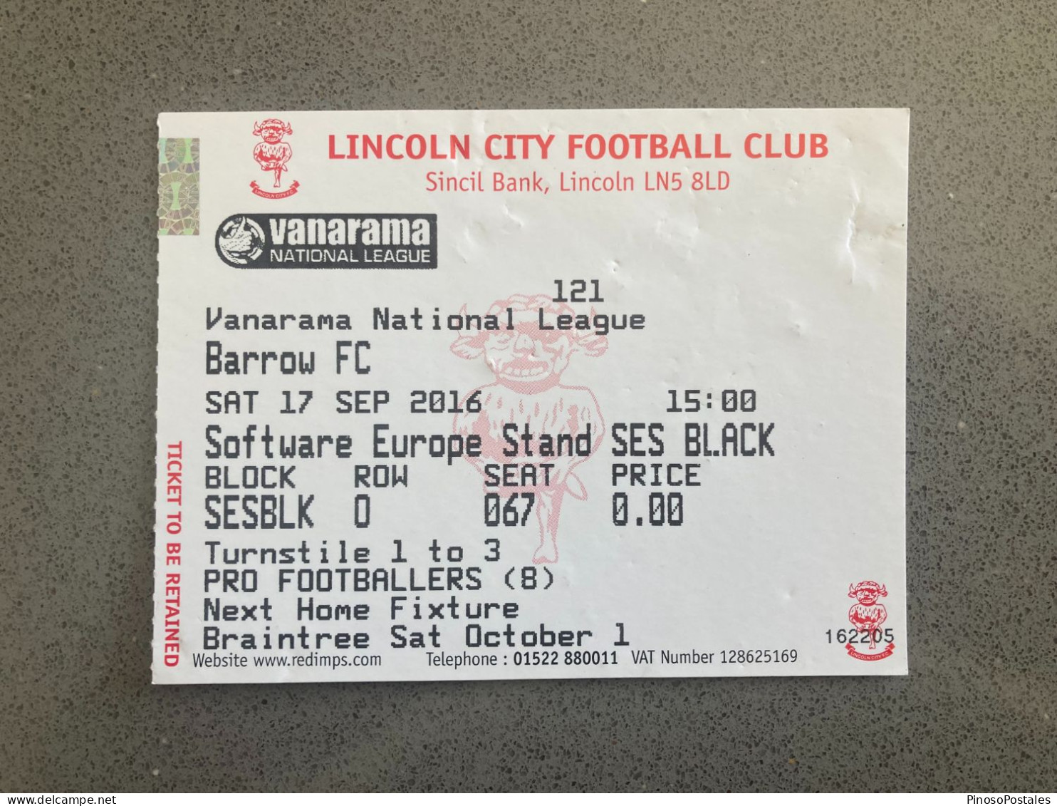 Lincoln City V Barrow 2016-17 Match Ticket - Tickets D'entrée