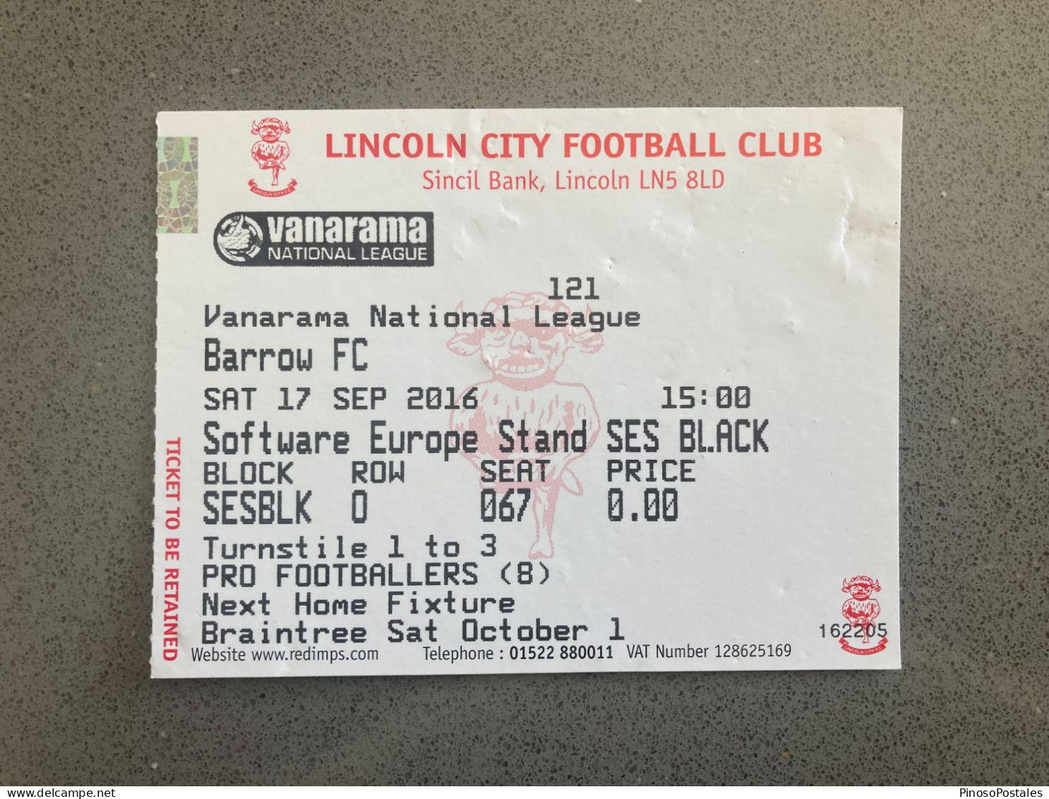 Lincoln City V Barrow 2016-17 Match Ticket - Biglietti D'ingresso