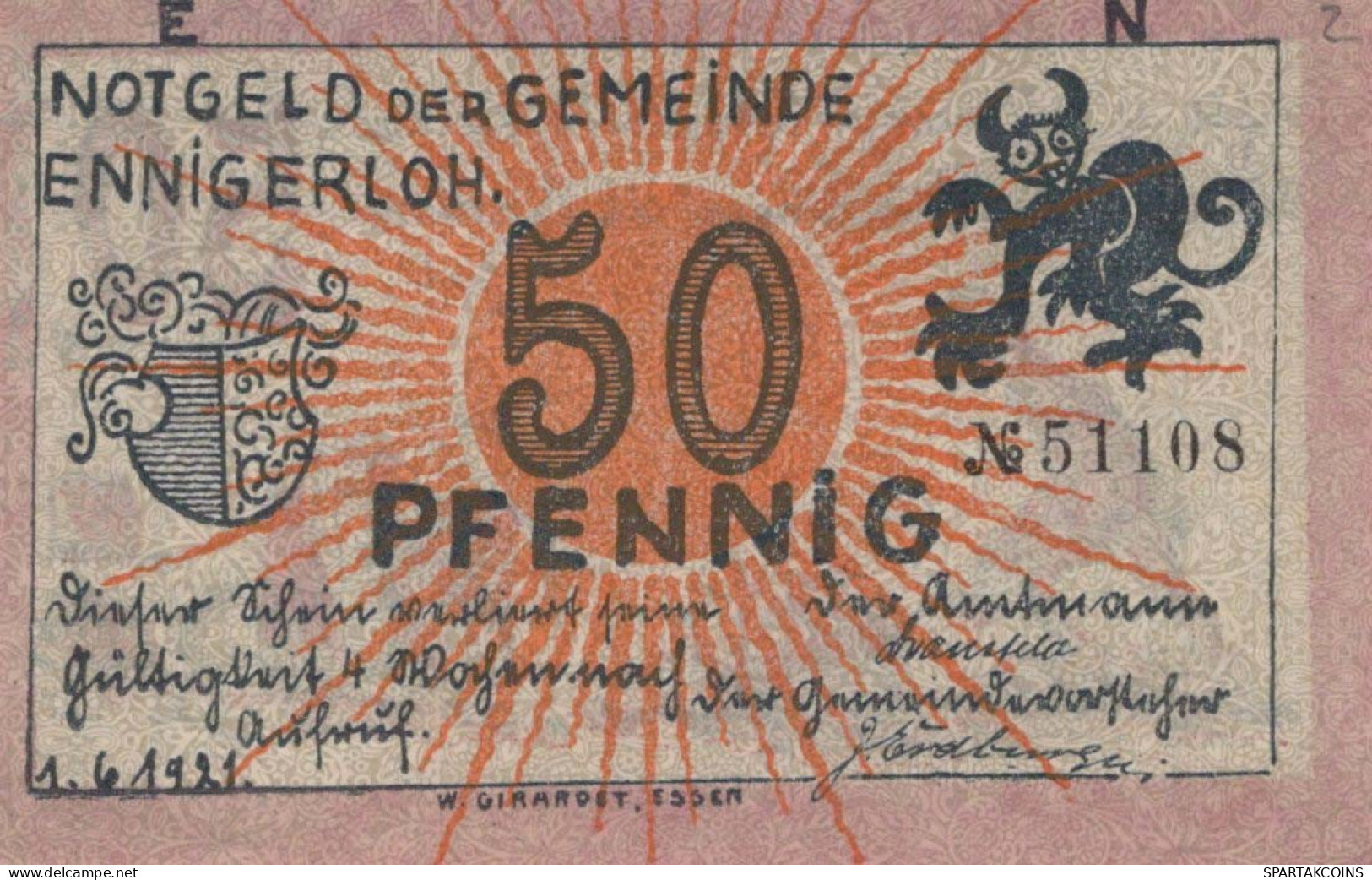 50 PFENNIG 1921 Stadt ENNIGERLOH Westphalia UNC DEUTSCHLAND Notgeld #PB250 - [11] Local Banknote Issues
