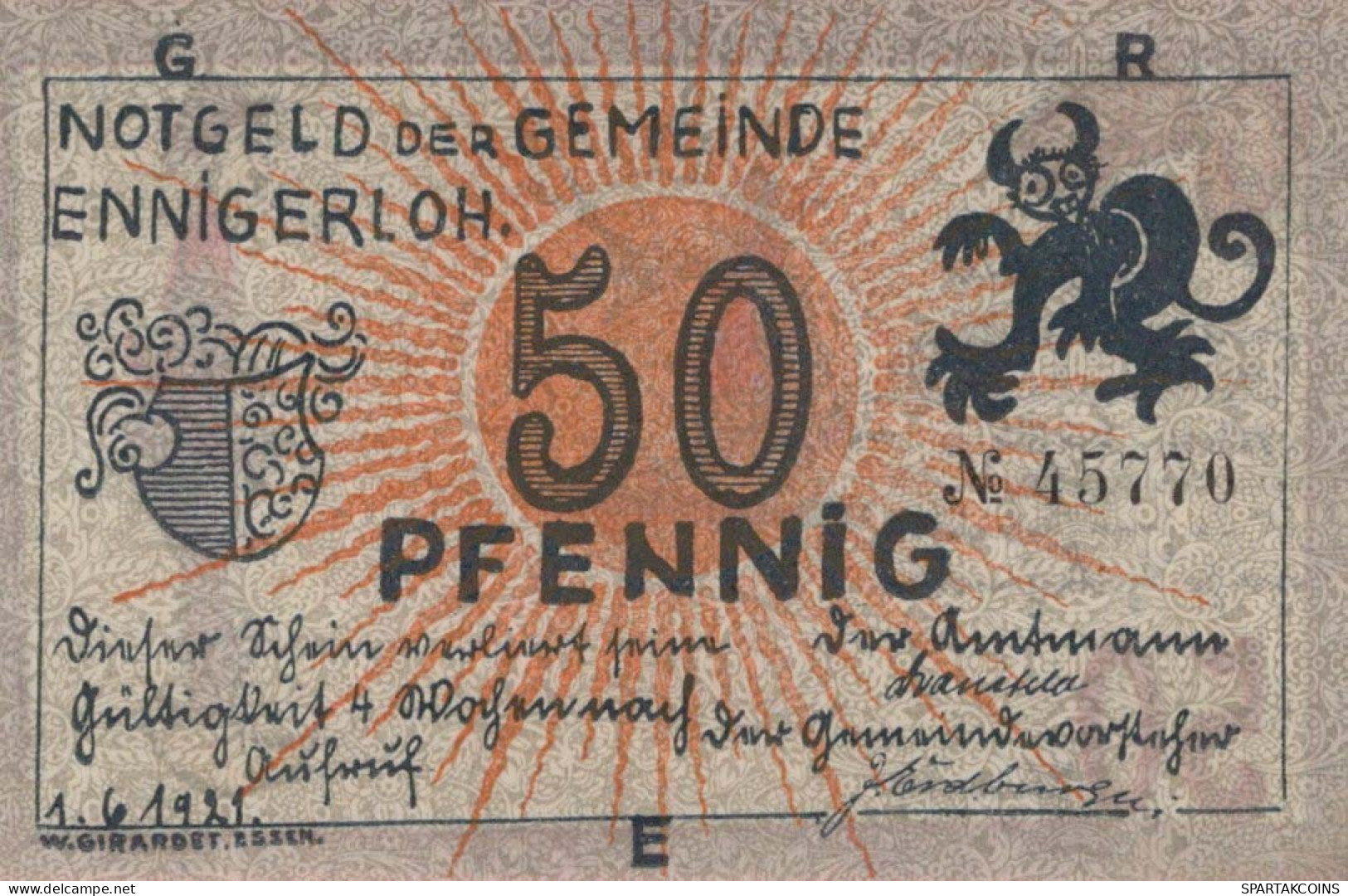 50 PFENNIG 1921 Stadt ENNIGERLOH Westphalia UNC DEUTSCHLAND Notgeld #PB240 - [11] Local Banknote Issues