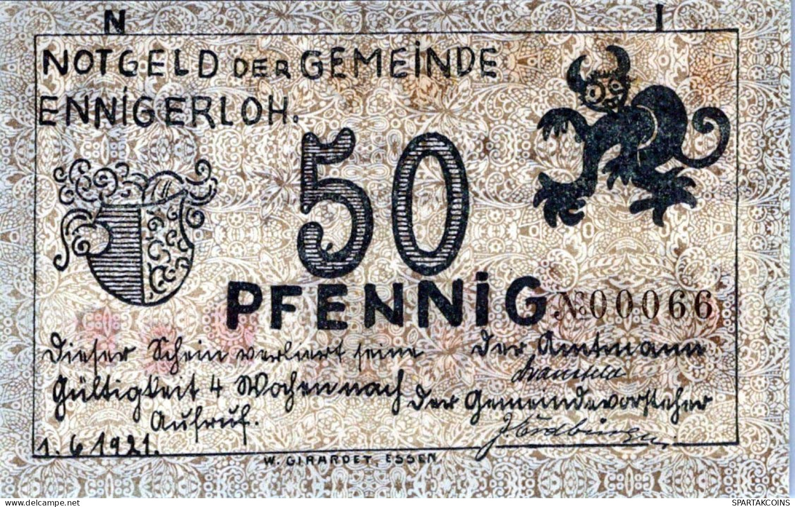 50 PFENNIG 1921 Stadt ENNIGERLOH Westphalia UNC DEUTSCHLAND Notgeld #PB244 - [11] Emissioni Locali