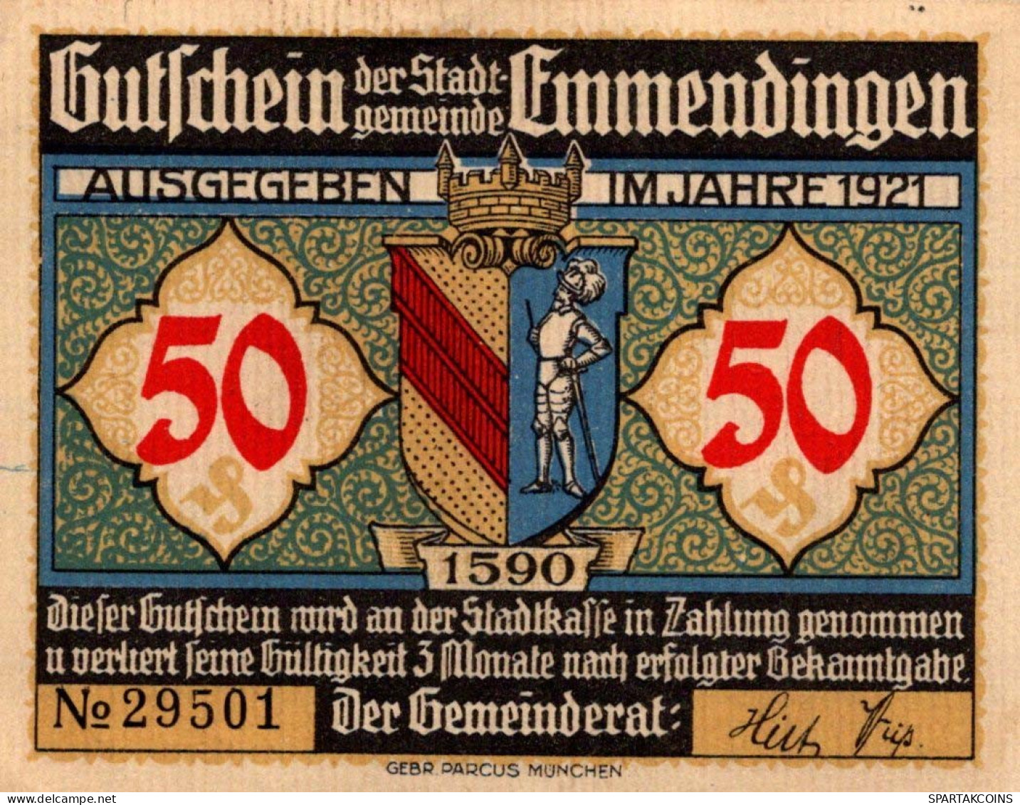 50 PFENNIG 1921 Stadt EMMENDINGEN Baden UNC DEUTSCHLAND Notgeld Banknote #PB237 - [11] Emissions Locales