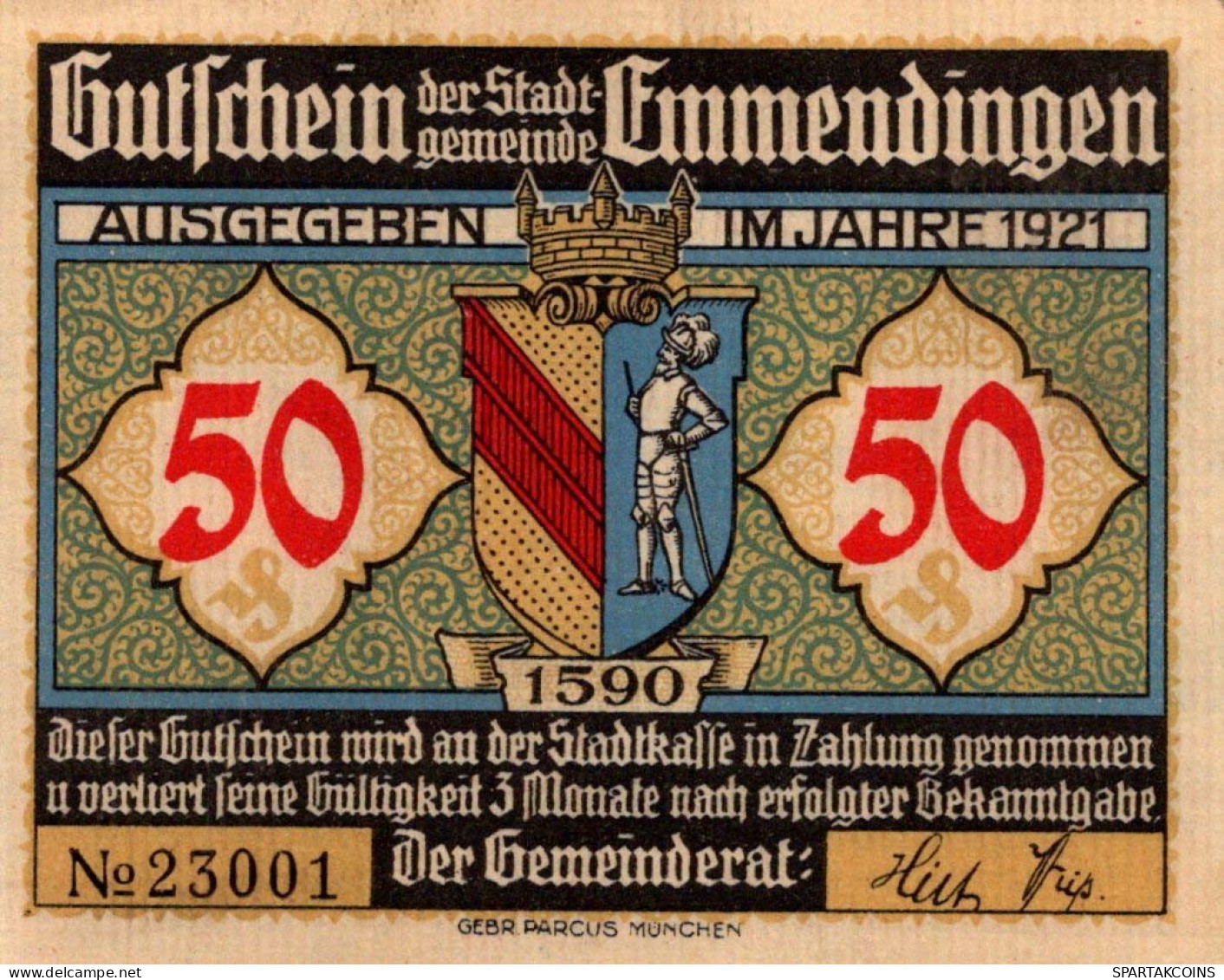 50 PFENNIG 1921 Stadt EMMENDINGEN Baden UNC DEUTSCHLAND Notgeld Banknote #PB236 - [11] Emissions Locales