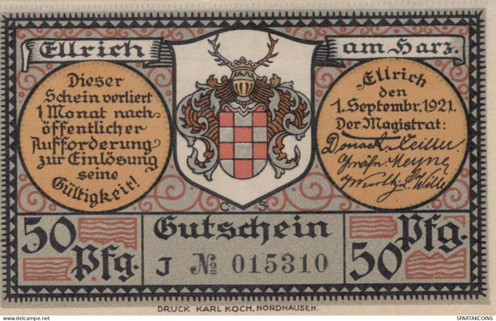 50 PFENNIG 1921 Stadt ELLRICH Saxony UNC DEUTSCHLAND Notgeld Banknote #PB198 - [11] Local Banknote Issues