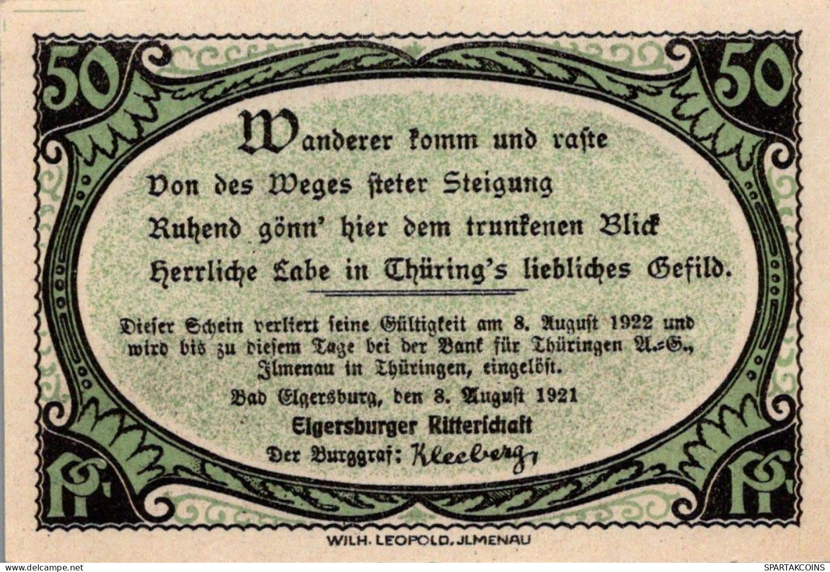 50 PFENNIG 1921 Stadt ELGERSBURG Thuringia UNC DEUTSCHLAND Notgeld #PB171 - [11] Local Banknote Issues