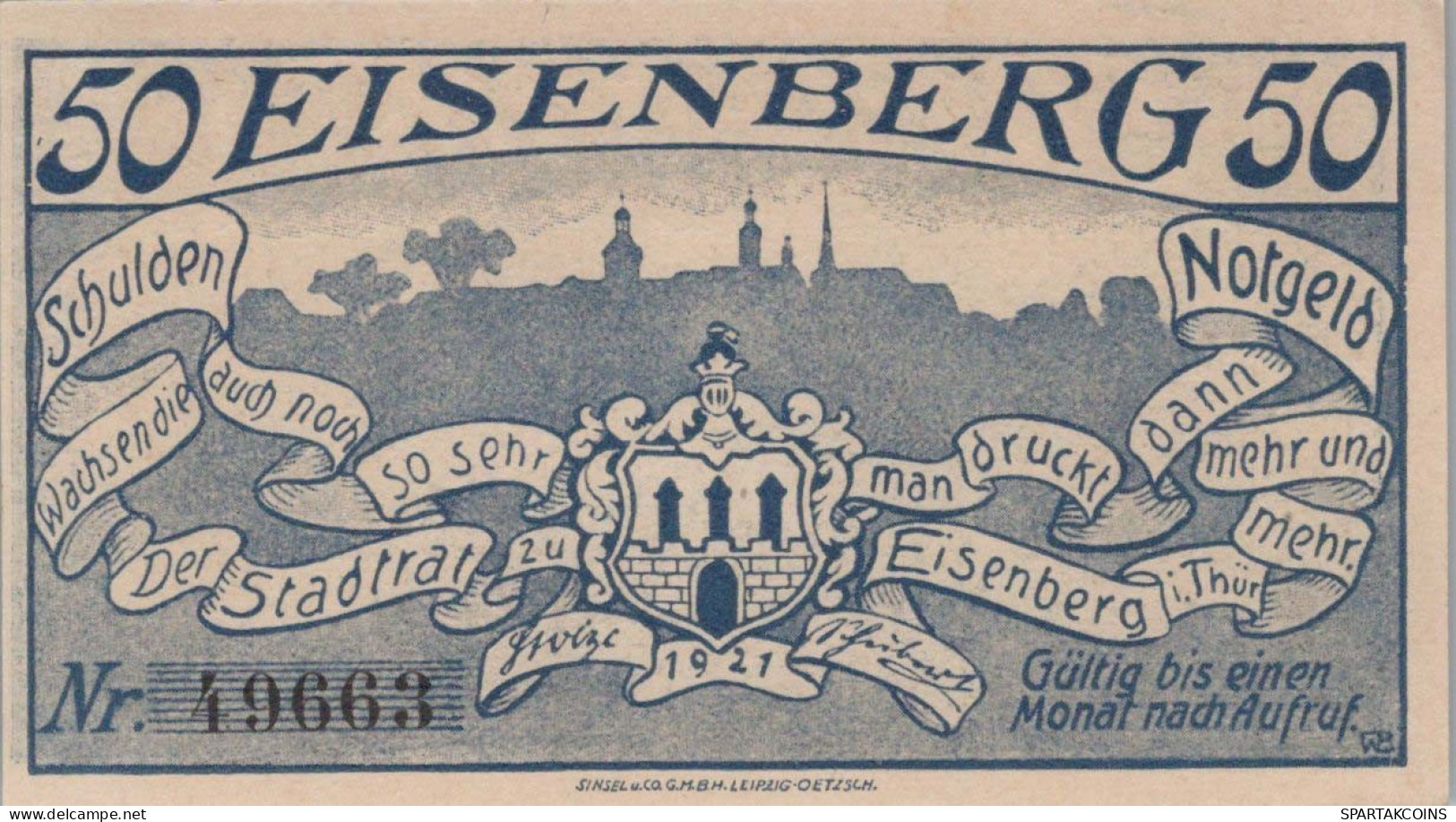 50 PFENNIG 1921 Stadt EISENACH Thuringia UNC DEUTSCHLAND Notgeld Banknote #PB142 - [11] Local Banknote Issues