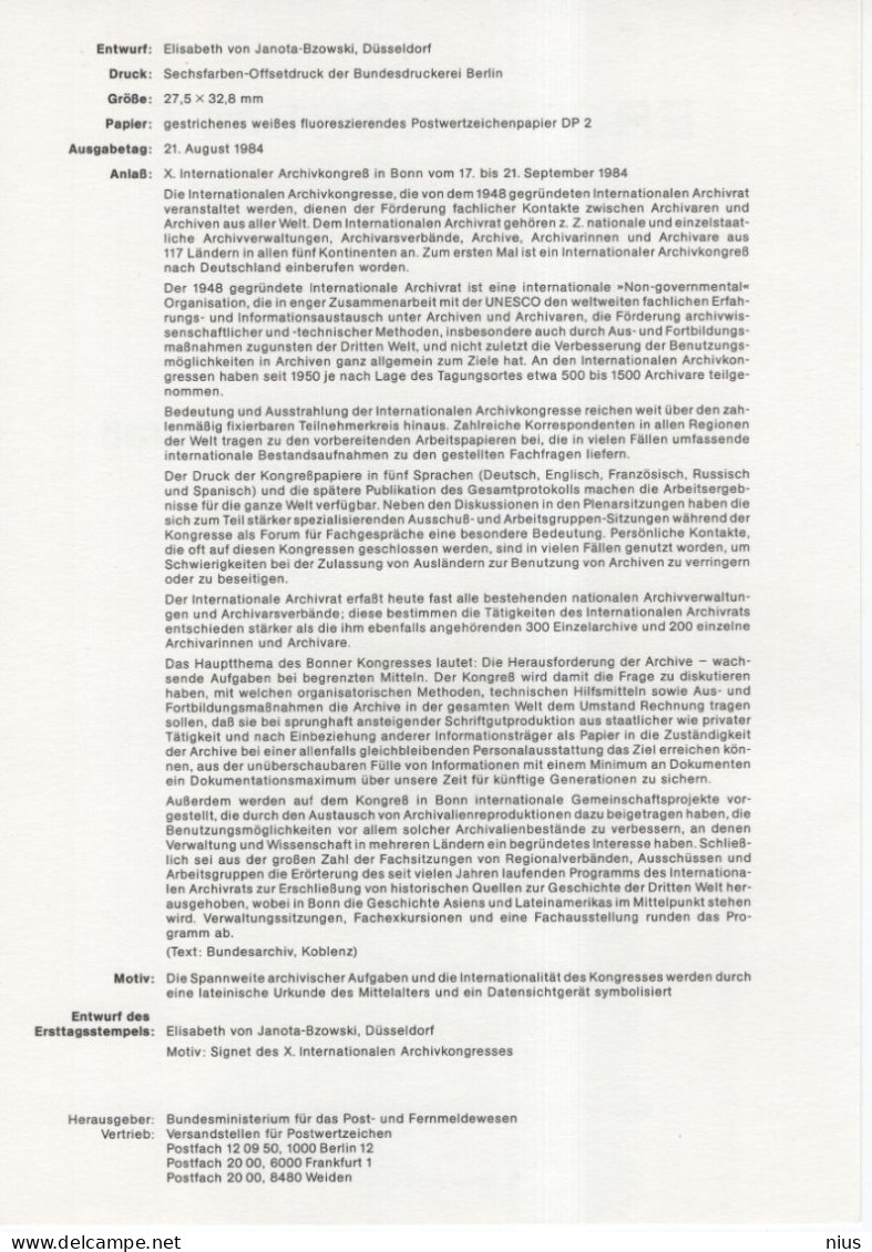 Germany Deutschland 1984-20 10. Internationaler Archivkongress, Alte Urkunde, Computer, Canceled In Bonn - 1981-1990