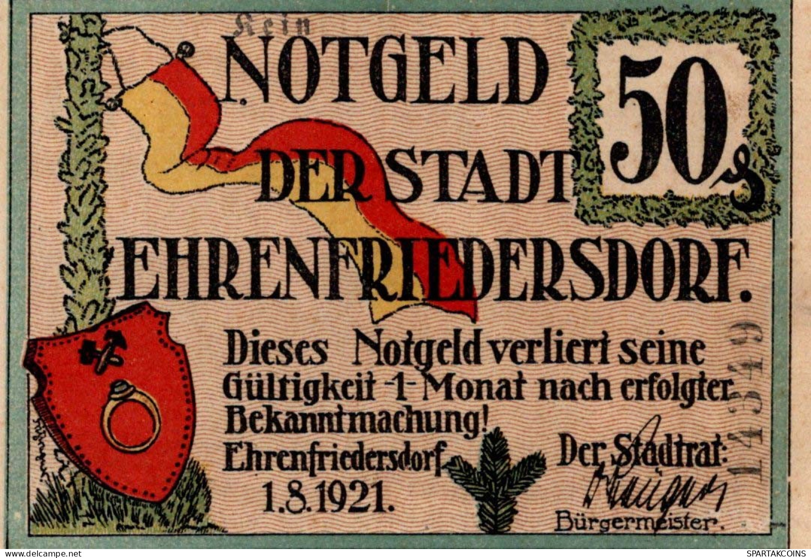 50 PFENNIG 1921 Stadt EHRENFRIEDERSDORF Saxony UNC DEUTSCHLAND Notgeld #PB039.V - [11] Emisiones Locales