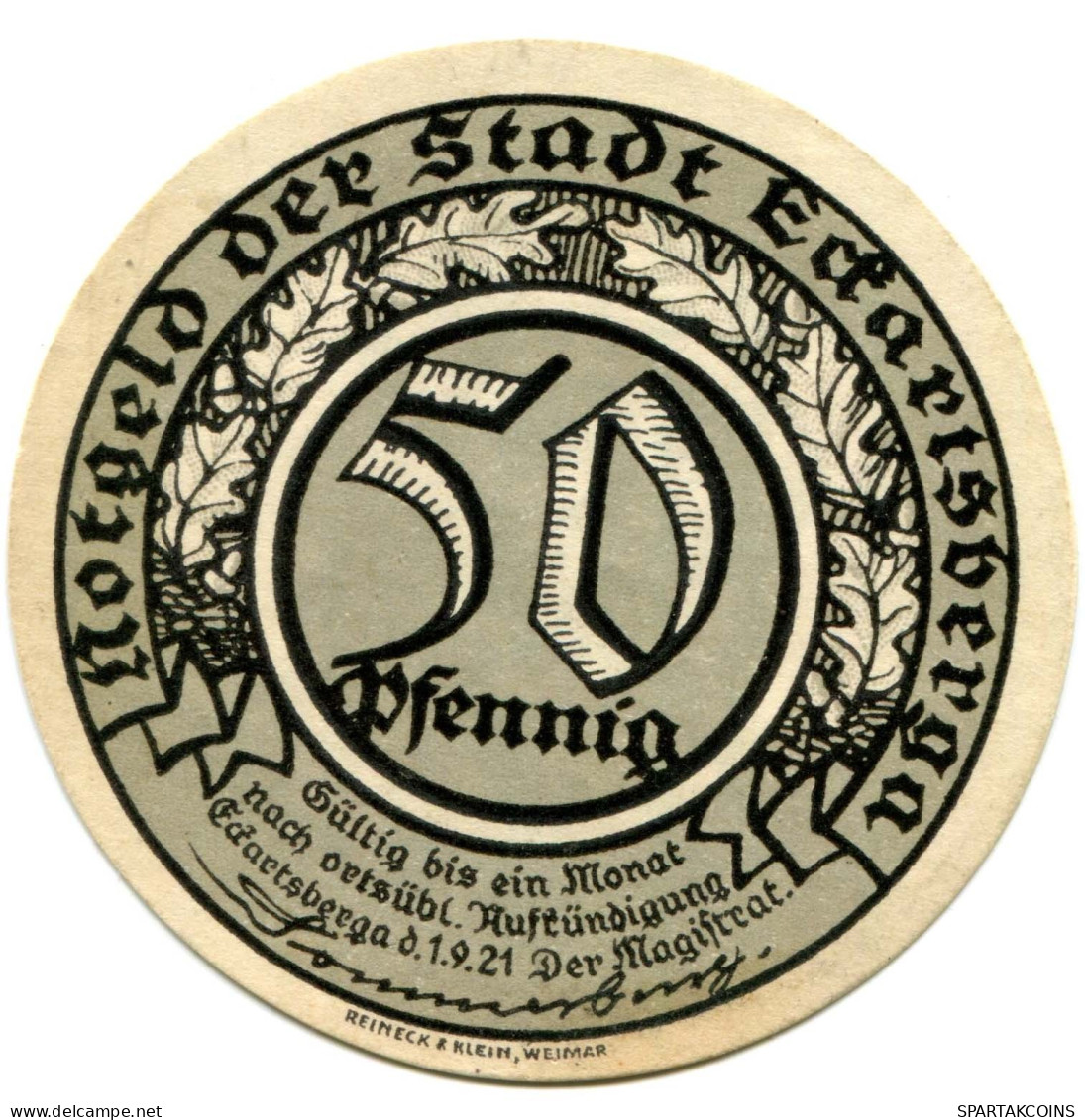 50 PFENNIG 1921 Stadt ECKARTSBERGA Saxony RARE DEUTSCHLAND Notgeld Papiergeld Banknote #PL482 - [11] Local Banknote Issues