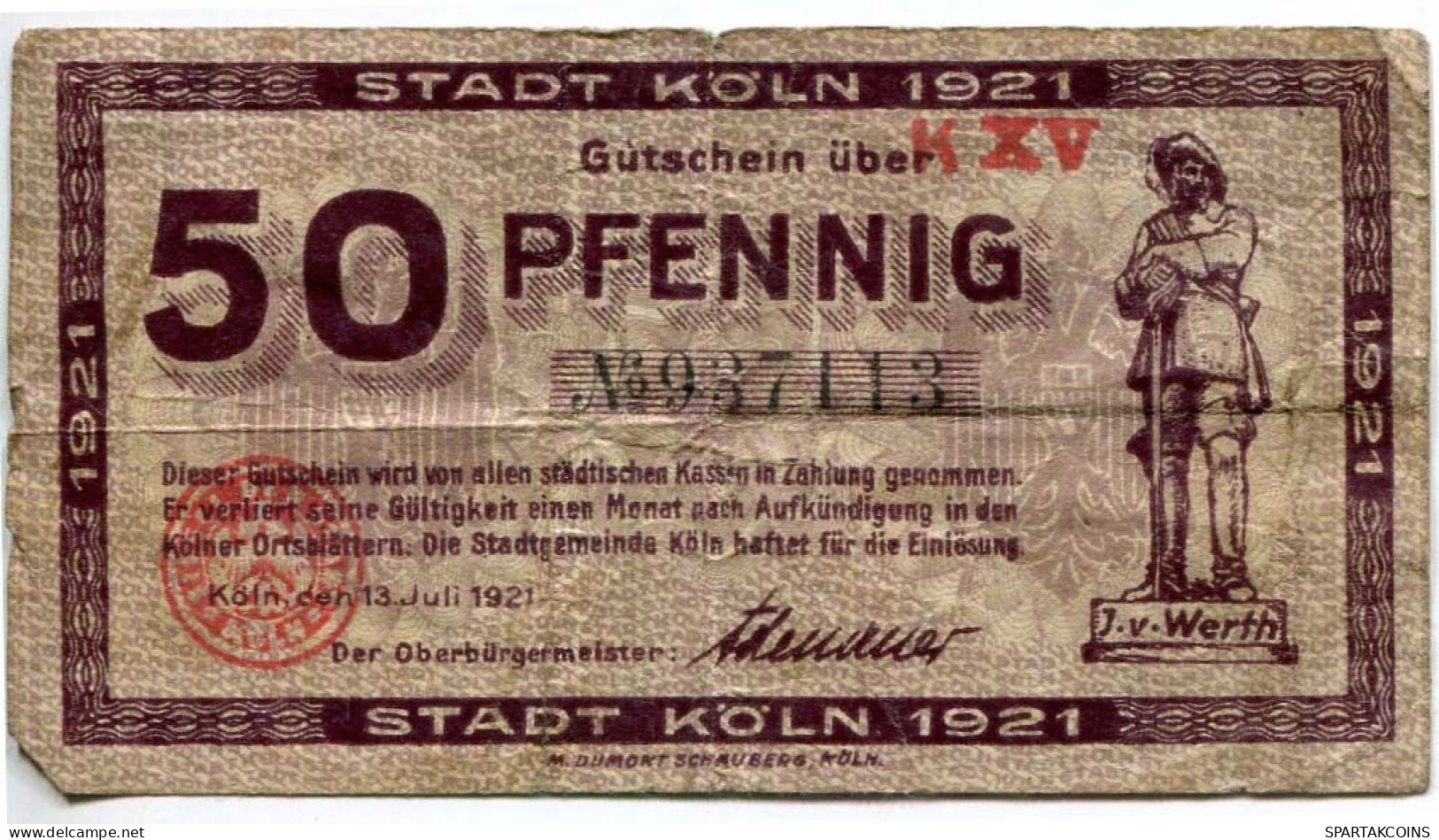 50 PFENNIG 1921 Stadt COLOGNE Rhine DEUTSCHLAND Notgeld Papiergeld Banknote #PL837 - Lokale Ausgaben