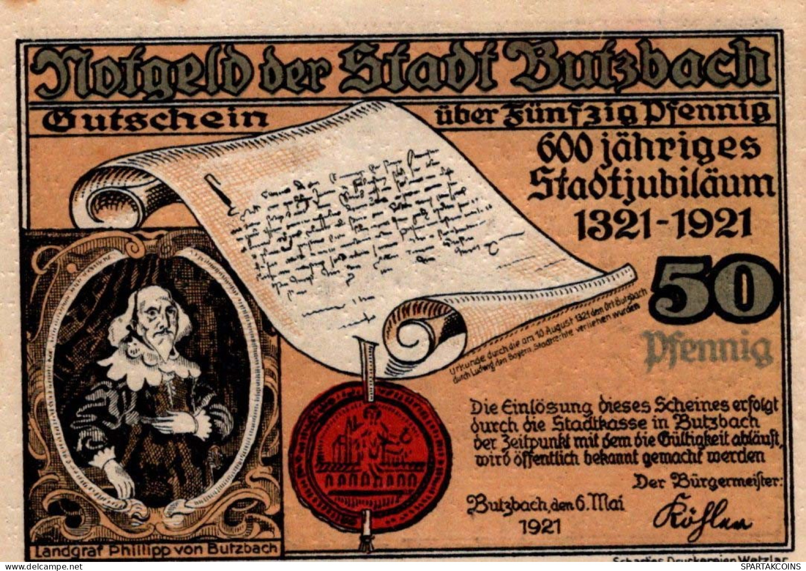 50 PFENNIG 1921 Stadt BUTZBACH Hesse UNC DEUTSCHLAND Notgeld Banknote #PA359 - [11] Lokale Uitgaven