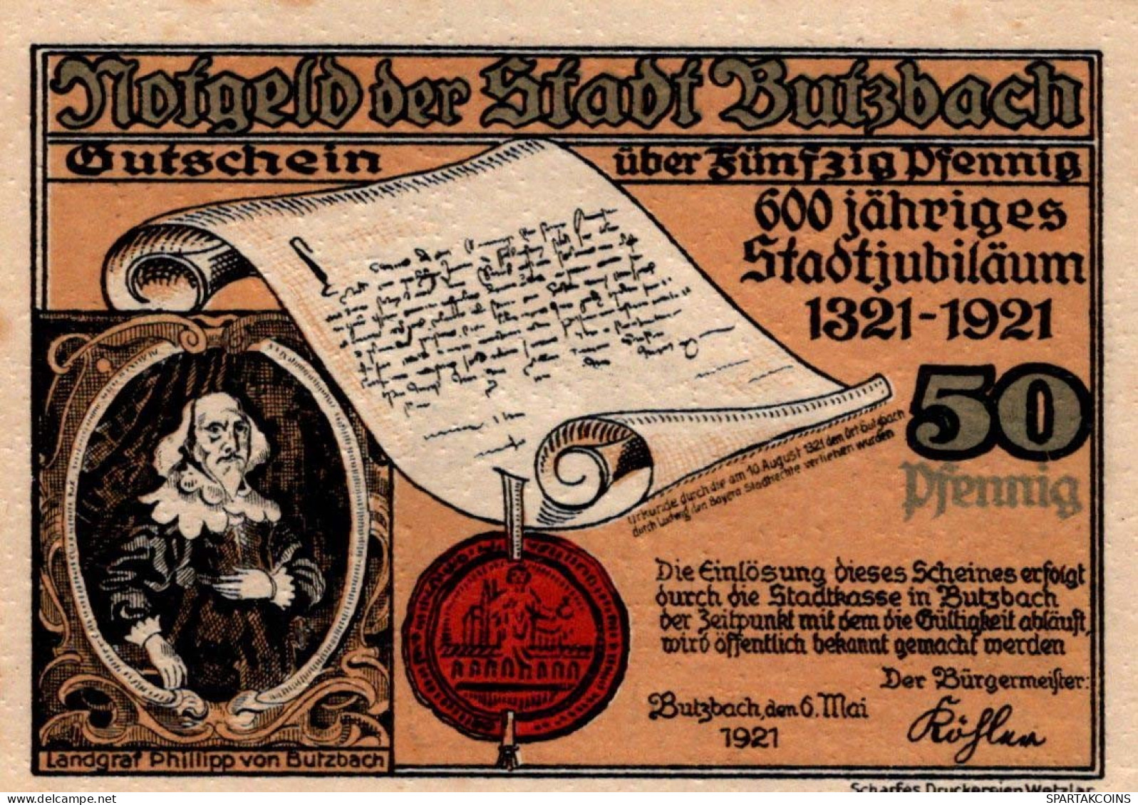 50 PFENNIG 1921 Stadt BUTZBACH Hesse UNC DEUTSCHLAND Notgeld Banknote #PA356 - Lokale Ausgaben
