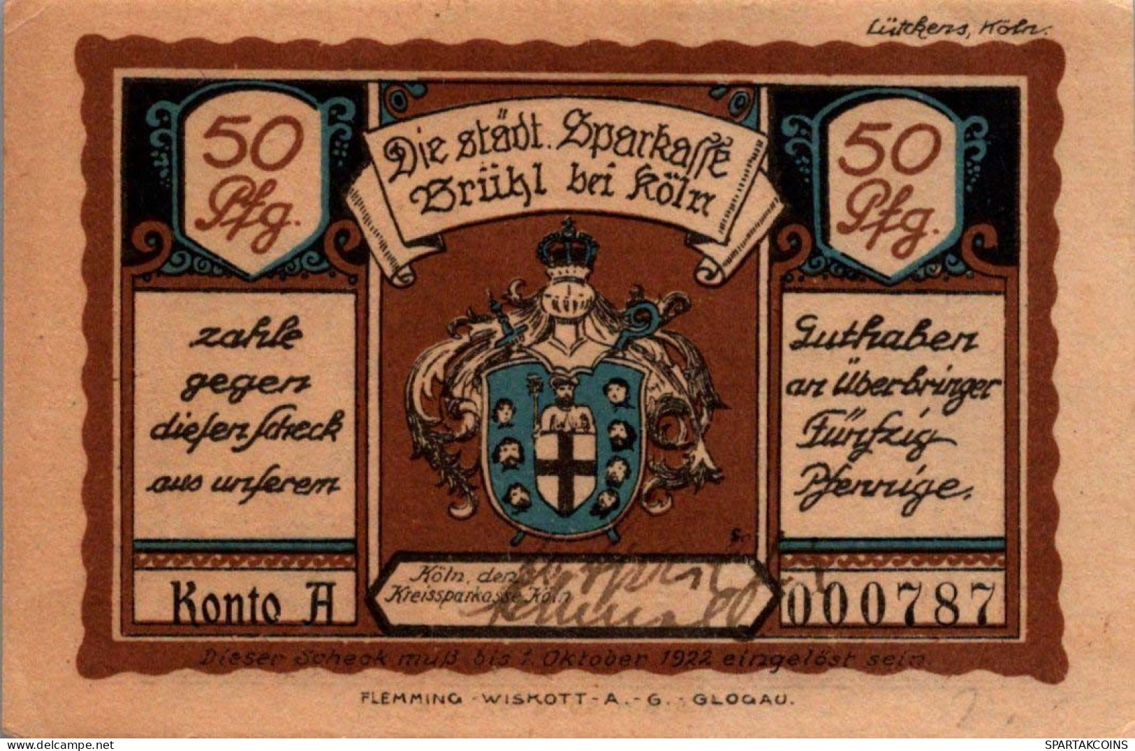 50 PFENNIG 1921 Stadt BRÜHL IM RHEINLAND Rhine UNC DEUTSCHLAND Notgeld #PC817 - Lokale Ausgaben