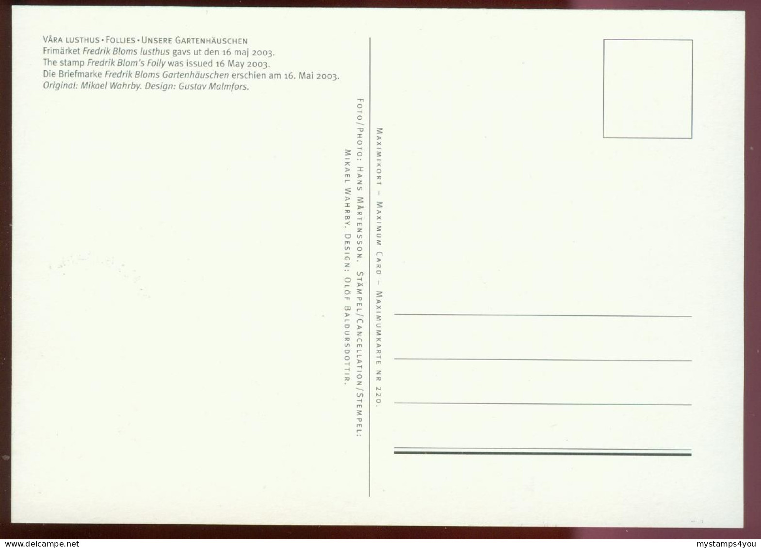 Mk Sweden Maximum Card 2003 MiNr 2355 | Garden Follies. Frederik Blom's 19th-century Folly #max-0051 - Cartes-maximum (CM)