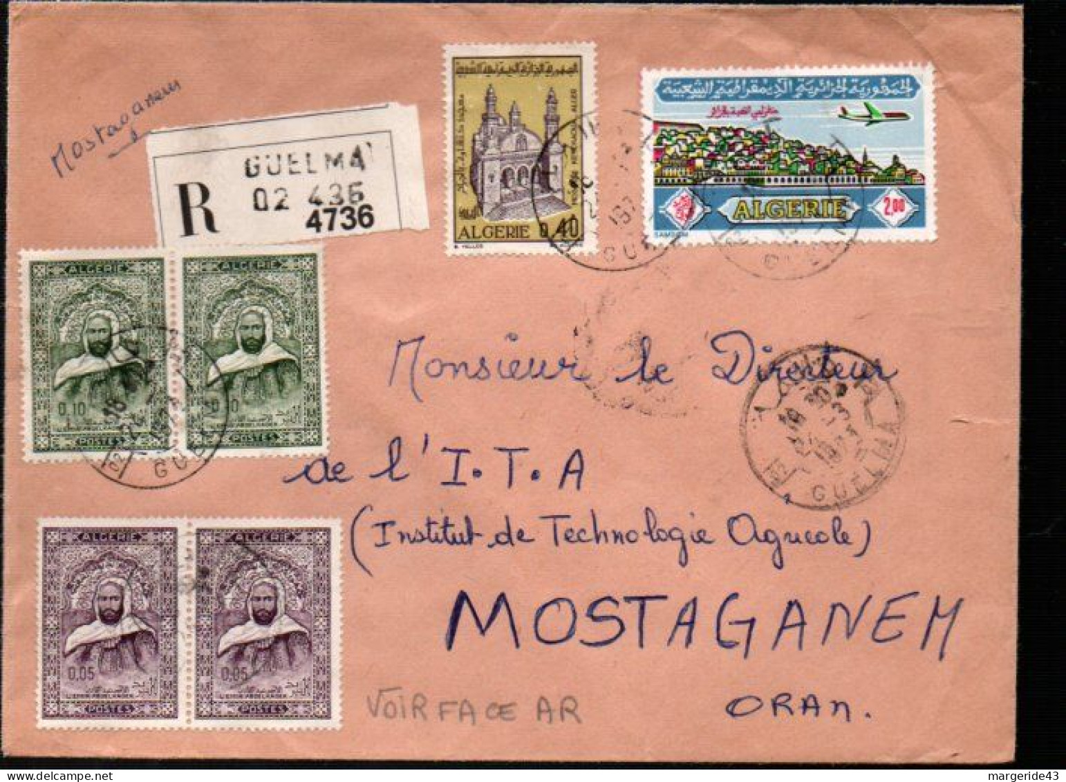 ALGERIE AFFRANCHISSEMENT COMPOSE SUR LETTRE RECOMMANDEE DE GUELMA 1974 - Algerien (1962-...)