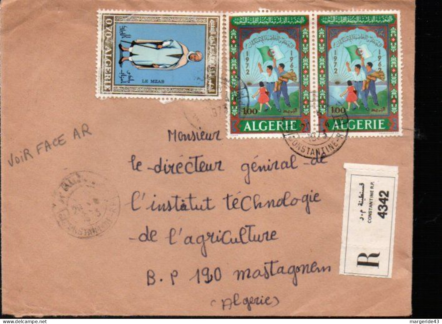 ALGERIE AFFRANCHISSEMENT COMPOSE SUR LETTRE RECOMMANDEE DE CONSTANTINE 1973 - Algerije (1962-...)