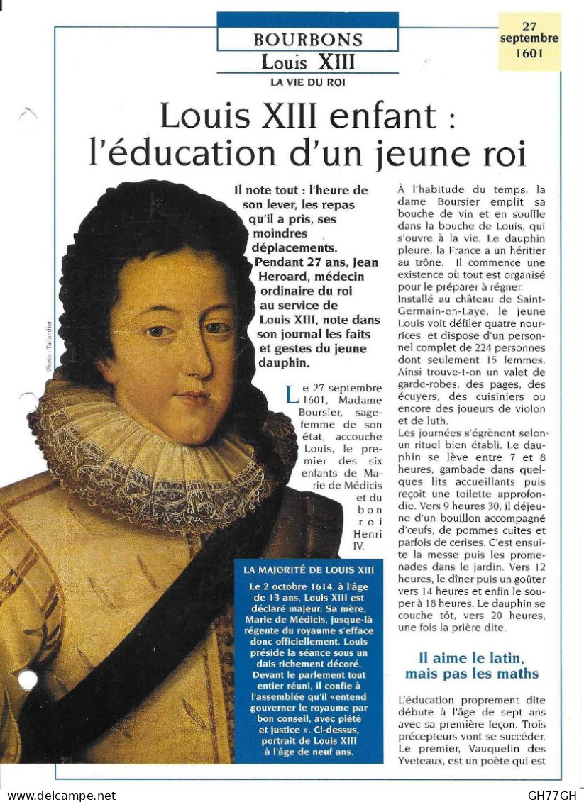 FICHE ATLAS: LOUIS XIII ENFANT L'EDUCATION D'UN JEUNE ROI -BOURBONS - Geschichte